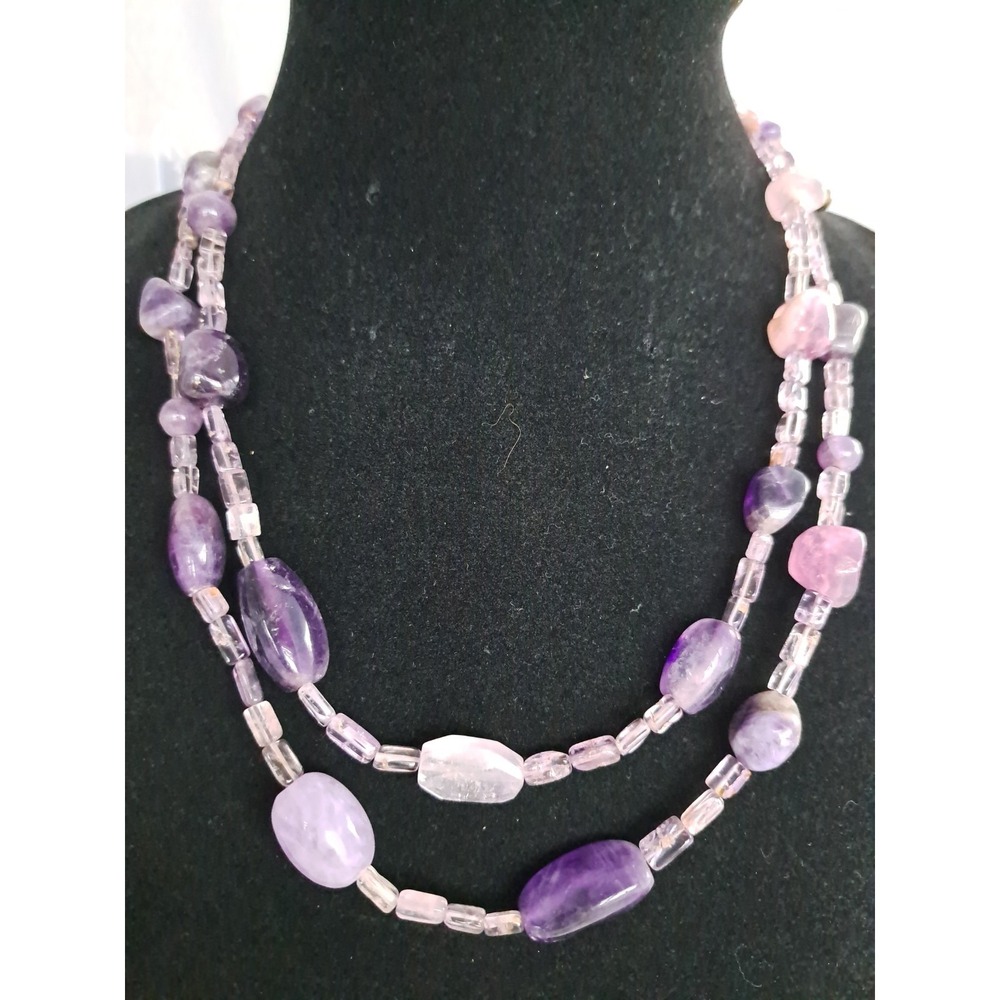 Chicos Amethyst Gemstone Beaded Jewelry Set 2 Strand Necklace Bracelet Silver